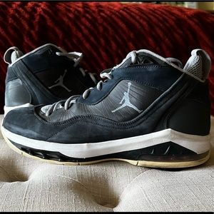 Jordan. Rare. Vintage. Melo Mid tops. Steel blue/gray suede and red trim